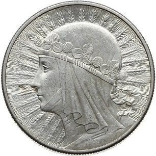Rewers monety 10-złotowej z 1932 roku "Głowa kobiety", którą przedstawiono jako temat jednej z monet w serii "Dzieje złotego"